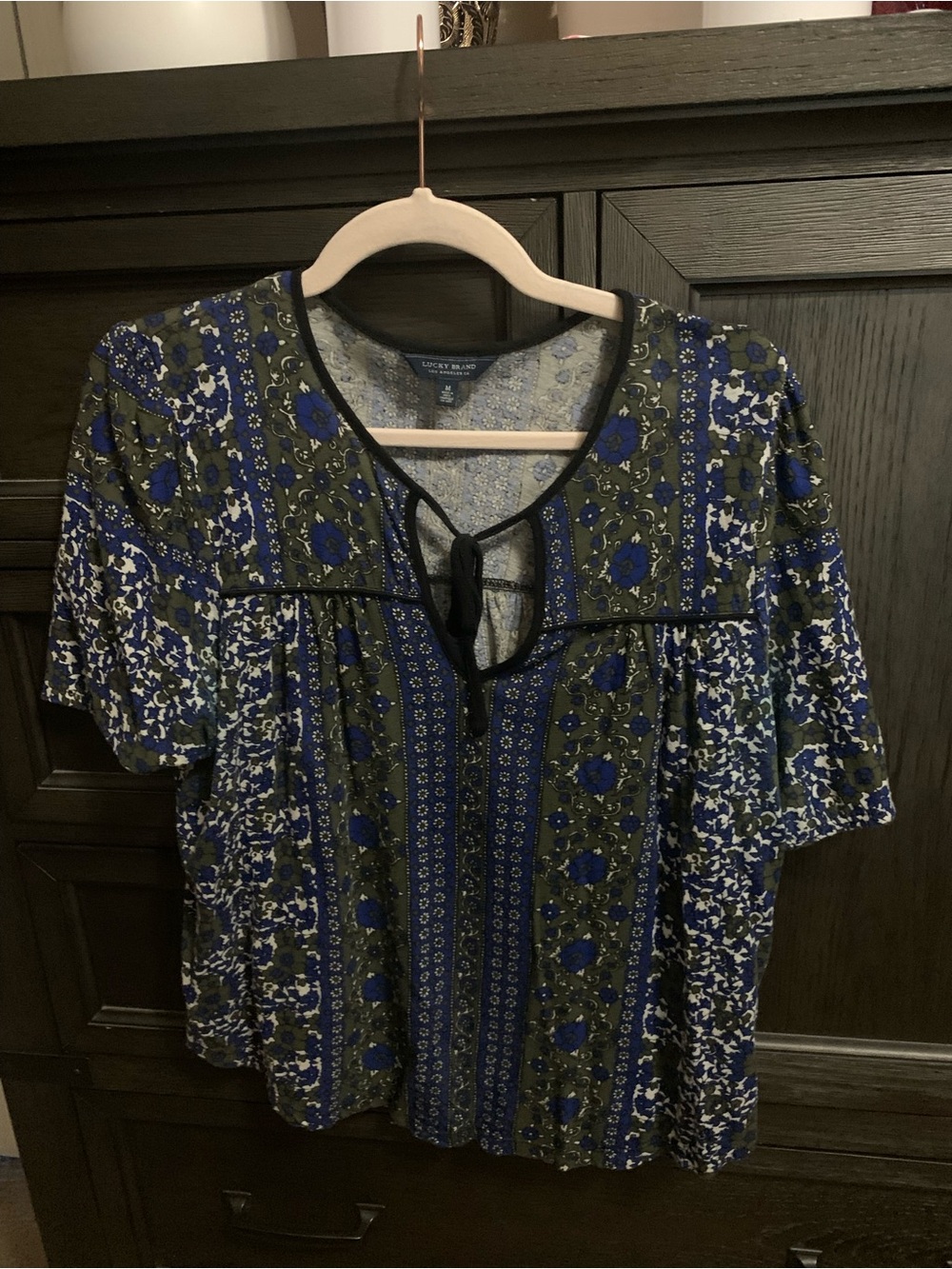 Lucky Brand Blue and Olive Floral Tie-Neck Peasant Blouse